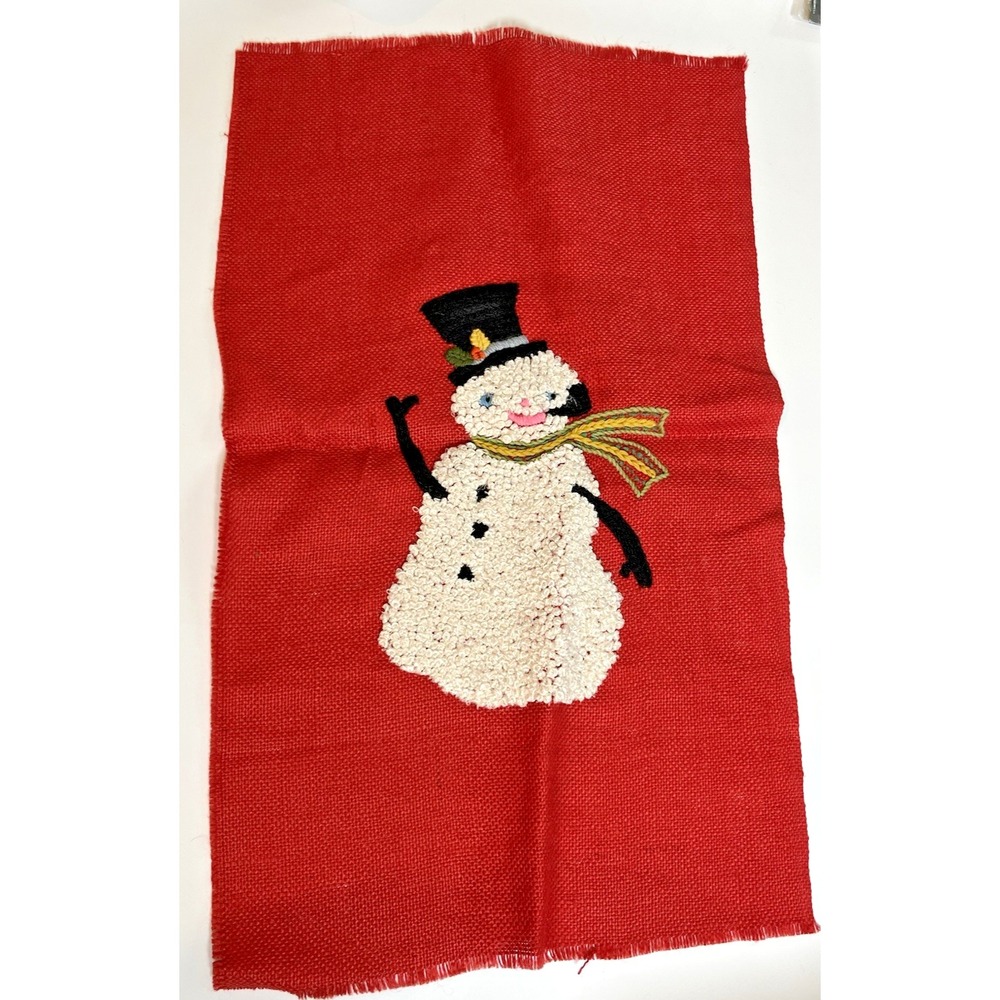 Vtg MCM Christmas SNOWMAN Latch Hook Punch Needle Wall Hanging Red Burlap Decor